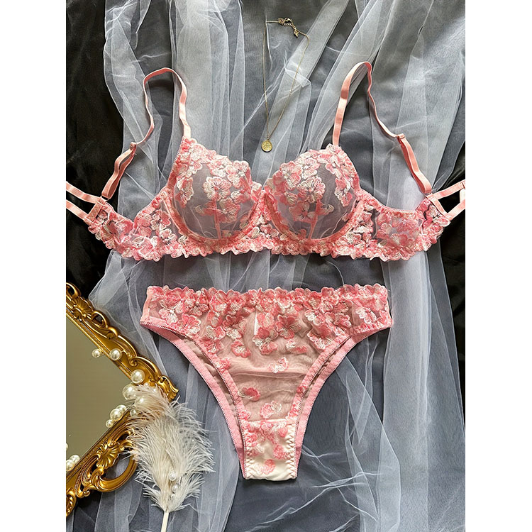 Autumn New French Flower Embroidery Perspective Sexy Girls Colorful Sexy Lingerie 2 Piece Set