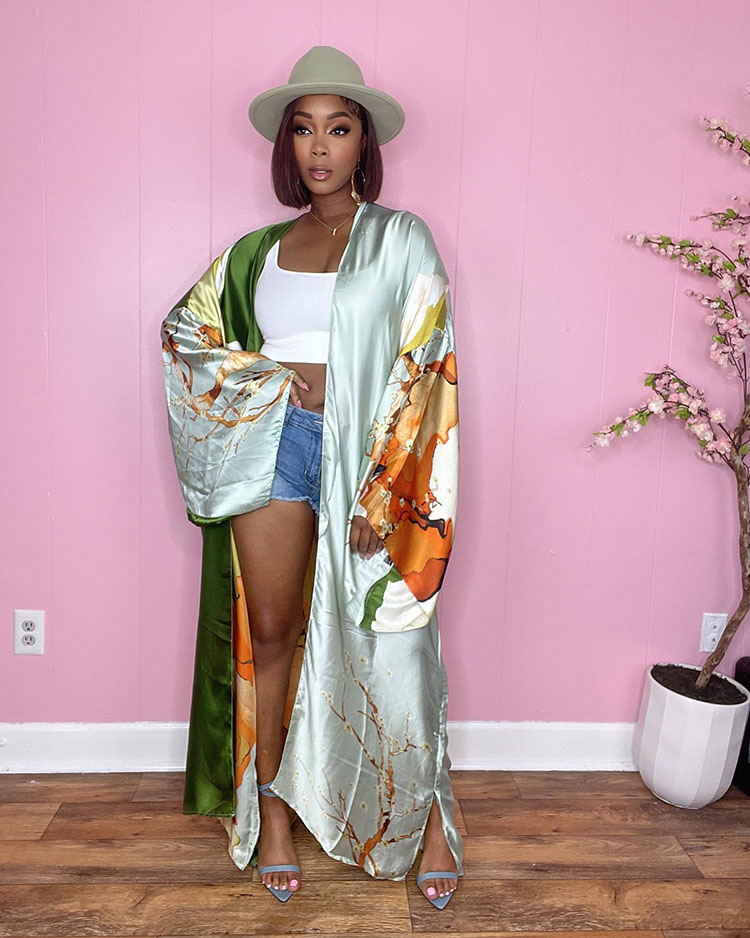 European Women Clothes Positioning Printed Sunscreen Kaftan Long Sleeve Coverups