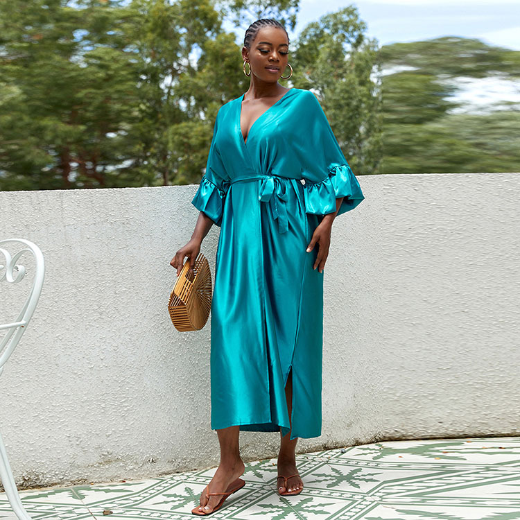 New Satin Kimono Plus Size Dress Vacation Long Skirt Bikini Beach Cardigan Coverups