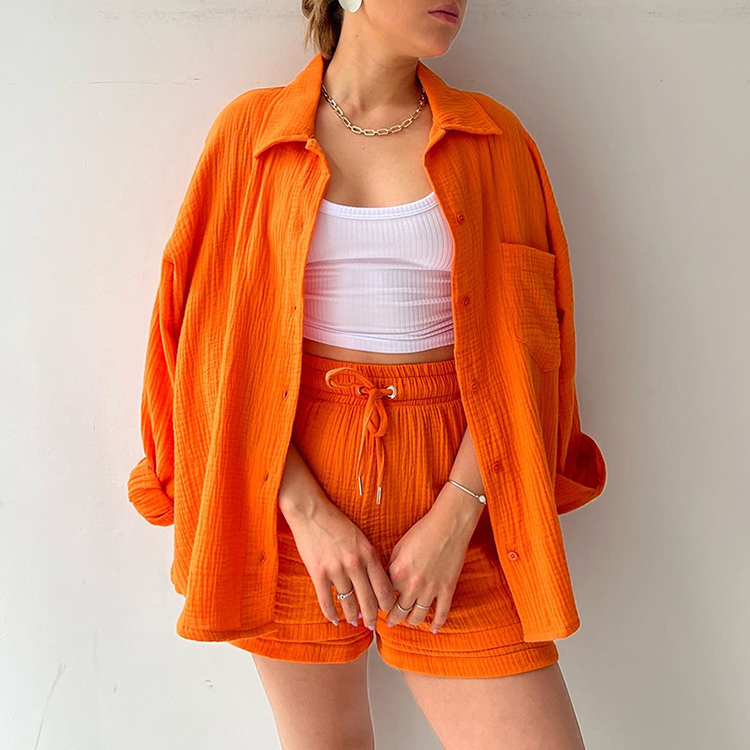 2023 Wrinkle Lapel Long Sleeve Shirt High Waist Drawstring Shorts Fashion Casual Two Piece Set