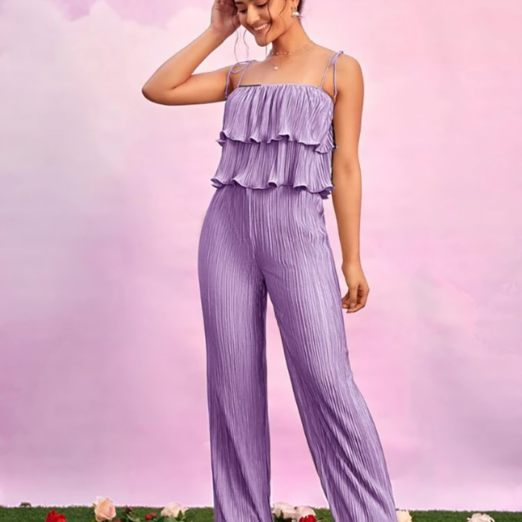 Fashion Solid Color Pleated Suspender Loose Casual Pants Women Set 2 Piece Set