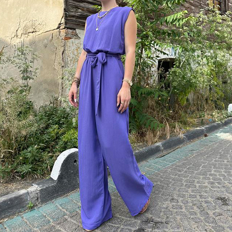 2023 New Summer Casual Women Jumpsuit Solid Color Temperament Loose Lace Loose Wide Leg Pants Set