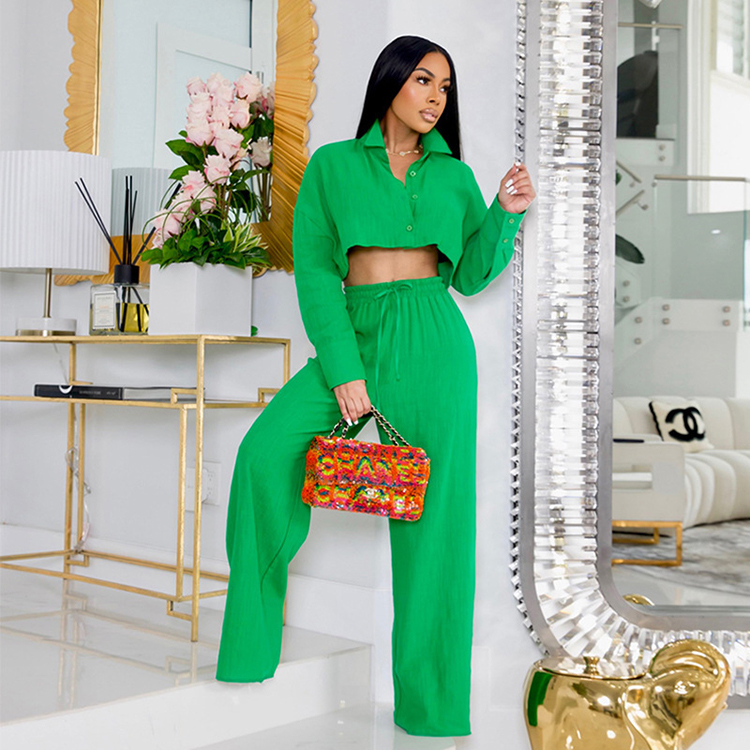 2023 Autumn New Simple Solid Color Short Shirt Wide Leg Pants Casual Set