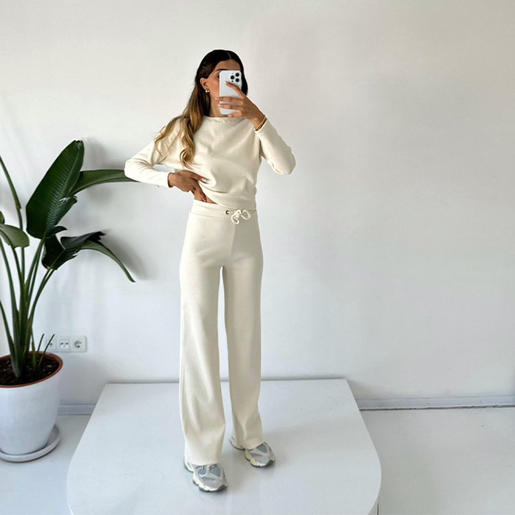 New Fashion Casual Suit Threaded Round Neck Long Sleeve Top Drawstring Pants Women