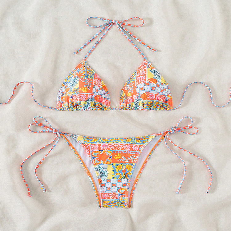 Vintage Floral Print Bikini 2024 Women Swimsuit Sexy Bandage Push up Bikinis Bathing Suit Thong Swimwear