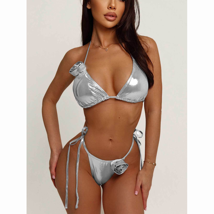 Silver Glossy 2 Piece Extreme Sexy 3D Flower Thong Bikini Women Micro Mini Swimwear & Beachwear Swimsuit