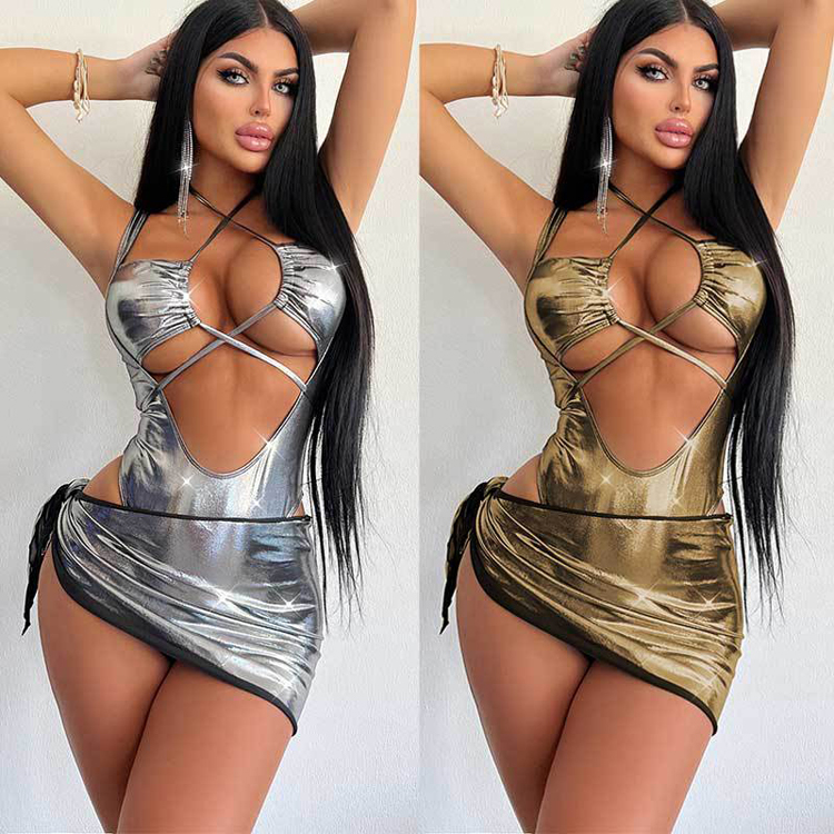 Glossy Hollow Out Sexy Bikini One Piece Set Gold Lace up Backless Triangle Bathing Suit Beachwear