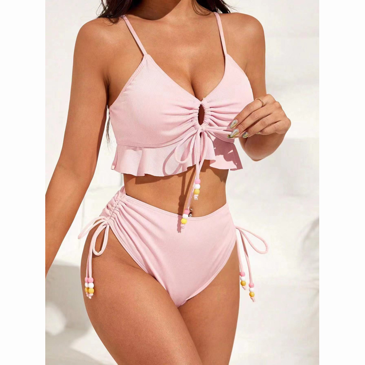 Ruffle Edge Candy Pink Cute Two Piece Bikini Set 2024 New Bandage Elastic Swimsuit&beaching Set