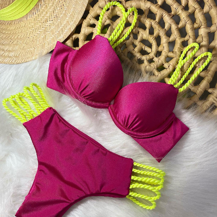 Two Color Solid Color Weave Rope Sexy Cute Bikini 2024 New Trendy Bathing Suit Swimsuit Pink Beach Wear