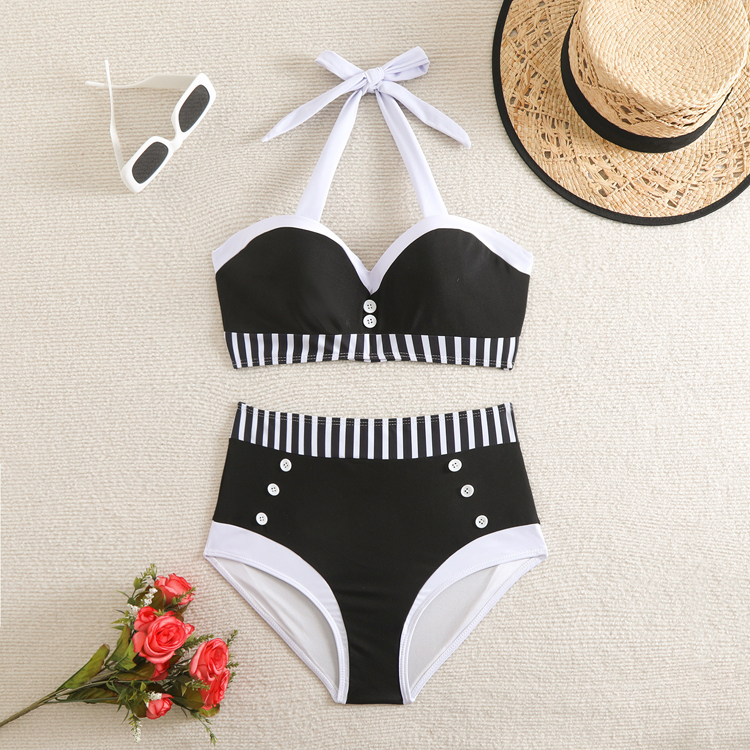 Black and White Halter Sexy High Waist Bikini 2024 New Bra Gather Women's Swimwear Big Size Beach Suit
