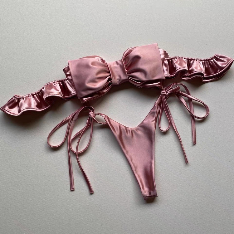 Sweet Girl Pearl Glossy Bow Sexy Small Mini 2 Pieces Bikini Lovely Cute New Designer Swimsuit