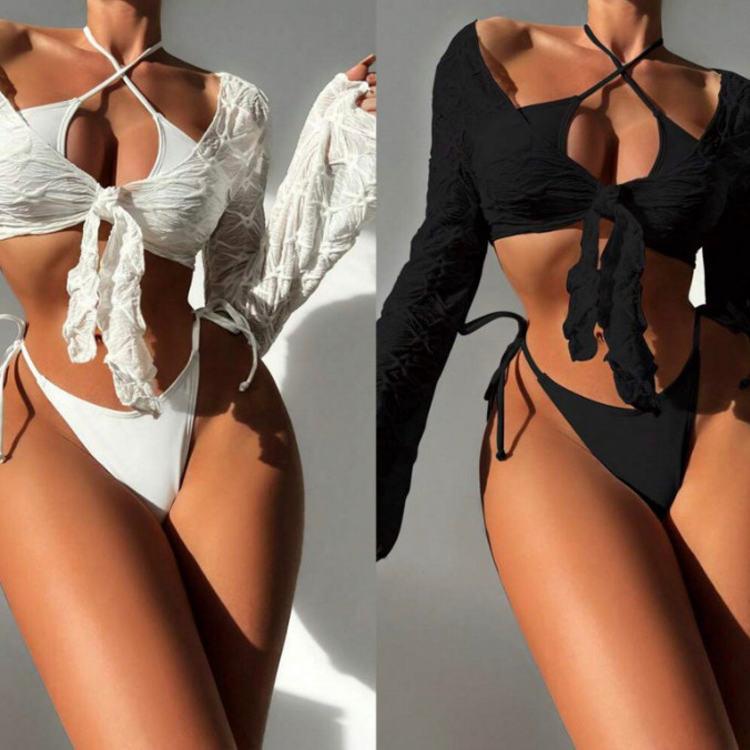 Sexy Bikini Three Piece Solid Color Sunscreen Tie Swimwear Backless New Design Cute Delicate Summer Swimsuit