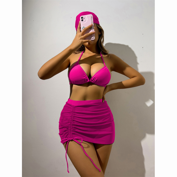 New Fashion Solid Color Swimsuit Suit Sexy Custom Bikini Three Pieces With Mesh Cover