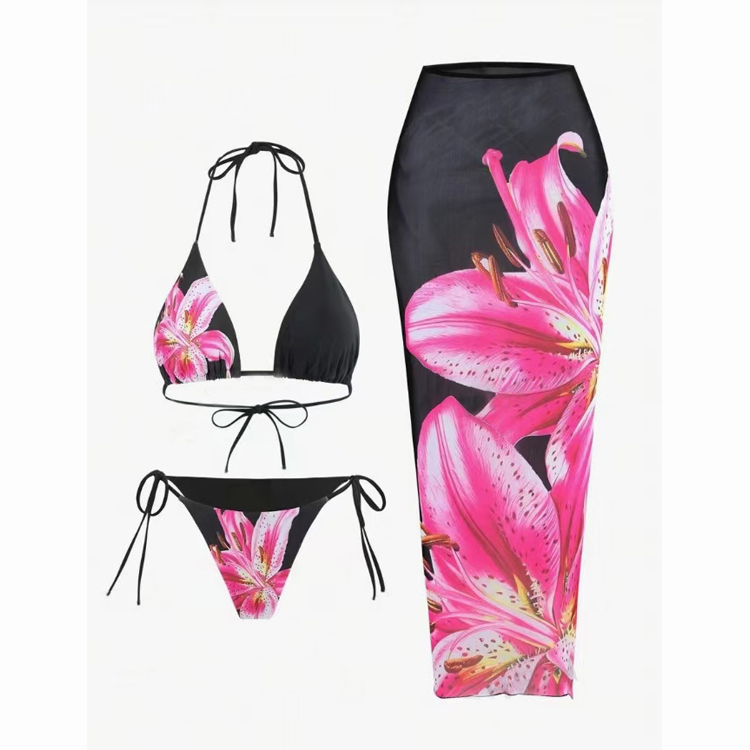 Hot Wholesale INS Spa Bikini 3 Piece 2025 Luxury Swimwear Floral Print Bathing Suit