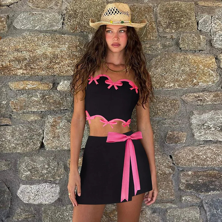 Bow Tie Black Solid Color Sexy New Bikini Set 2025 Fashion INS Spa Swimsuit Set