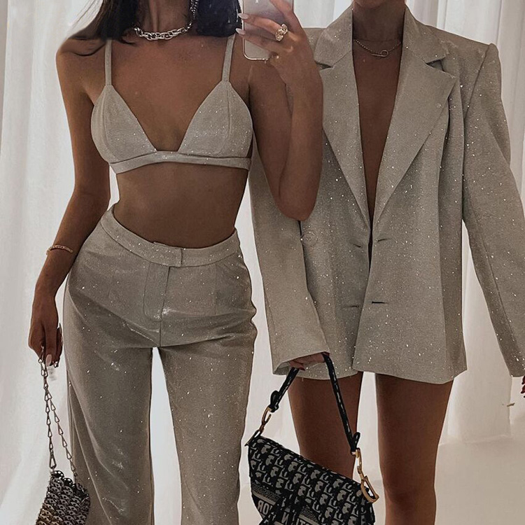 Spring/Summer Women Clothing Hot Sale Solid Color Fashion Casual Suit Shiny Coat Underwear Straight Pants Suits