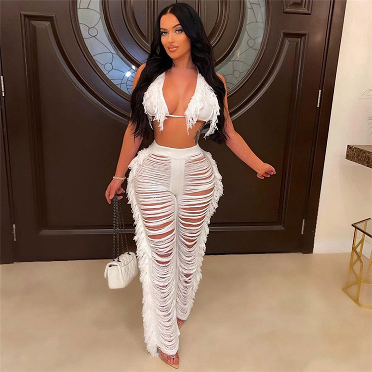 New Arrival Women's Sexy Hollow Casual Pants Ripped Tassels Slim Straight Casual Pants Suits Women