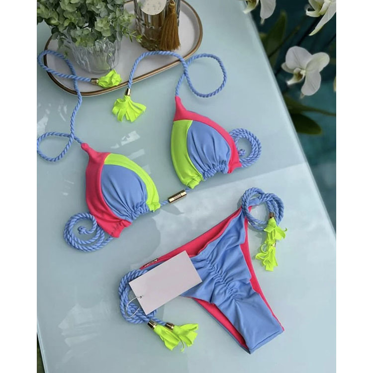 Private Label Bikini De Luxe Block Color Two Piece Tassel Brazilian Bikini Swimwear