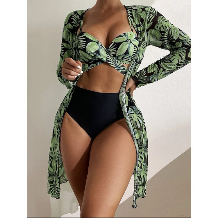 2022 Hot Sale Leaf Print Bikini Sexy Push up Mesh Swimsuit
