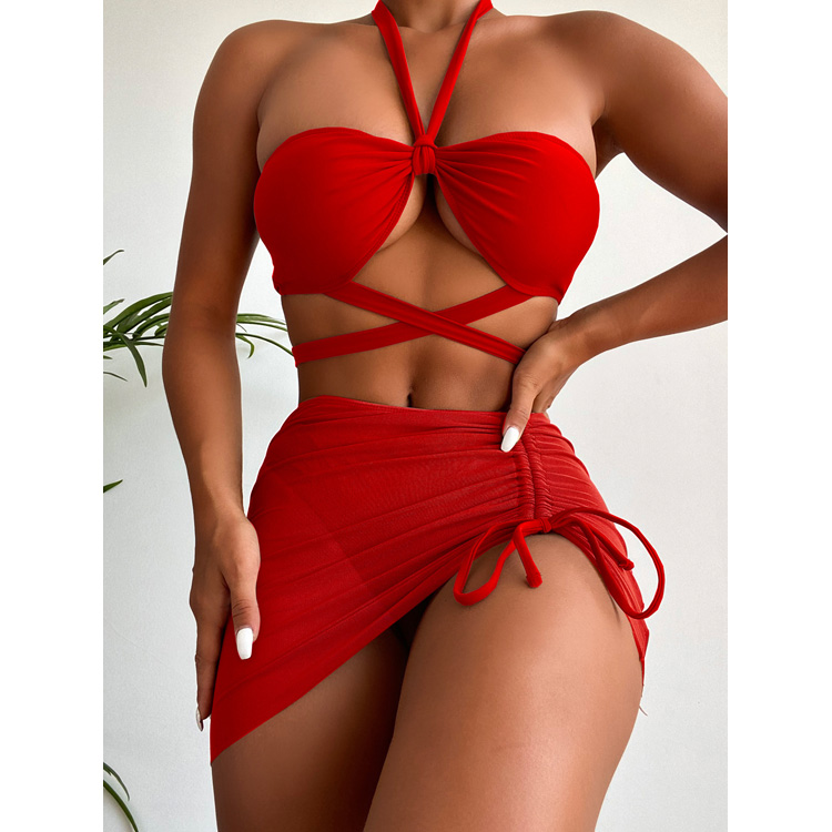 High Quality Solid Color Bikini Set Three Piece Sexy Halter Swimsuit High Cut Beachwear Swimwear