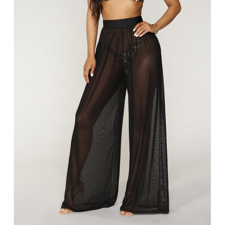 AliExpress Hot Sale Solid Color Mesh Pants Sexy Sheer Wide Leg Casual Pants