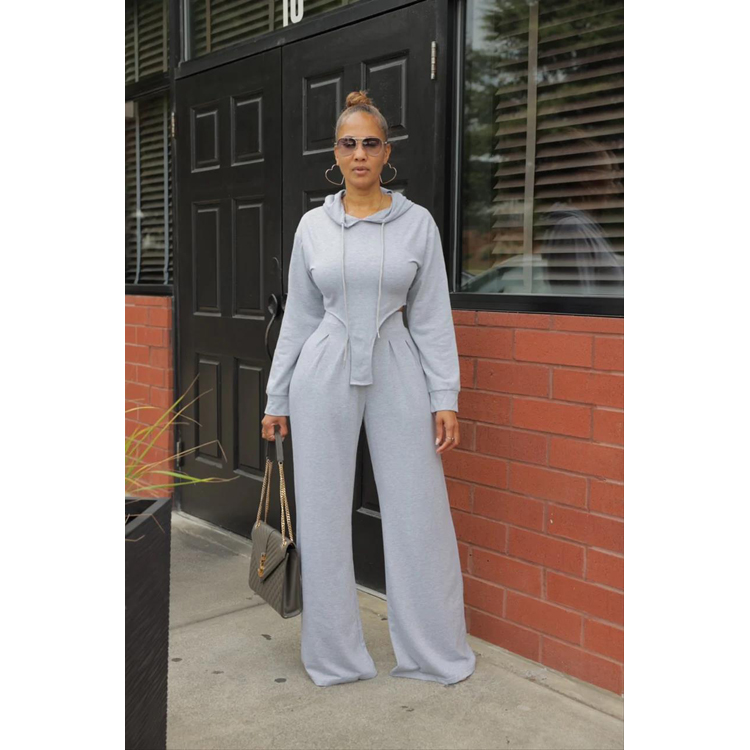 New Arrival Solid Color Sexy Suit Pleated Casual Long Sleeve Wide Leg Two Piece Casual Suit
