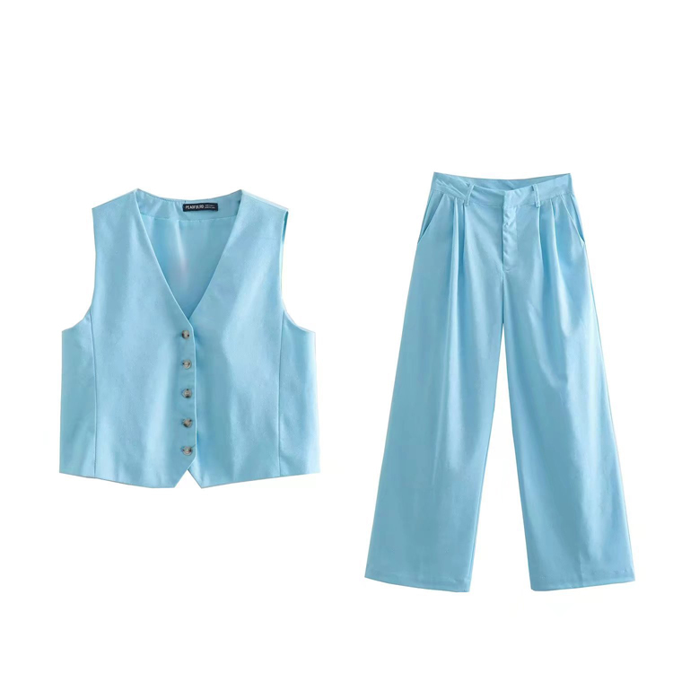 Summer New Women V-neck Sleeveless Vest High Waist Set Wide Leg Casual Pants Solid Color Set