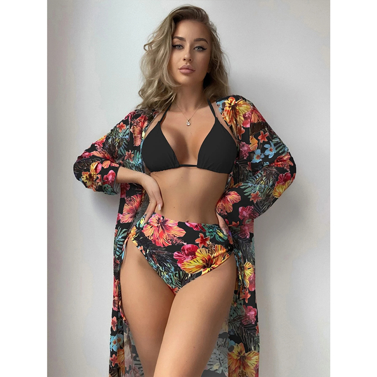 2023 Bikini Wholesale Three Piece Swimsuit Beach Wear With Gauze Plant Print High Waist Triangle Bikini Set
