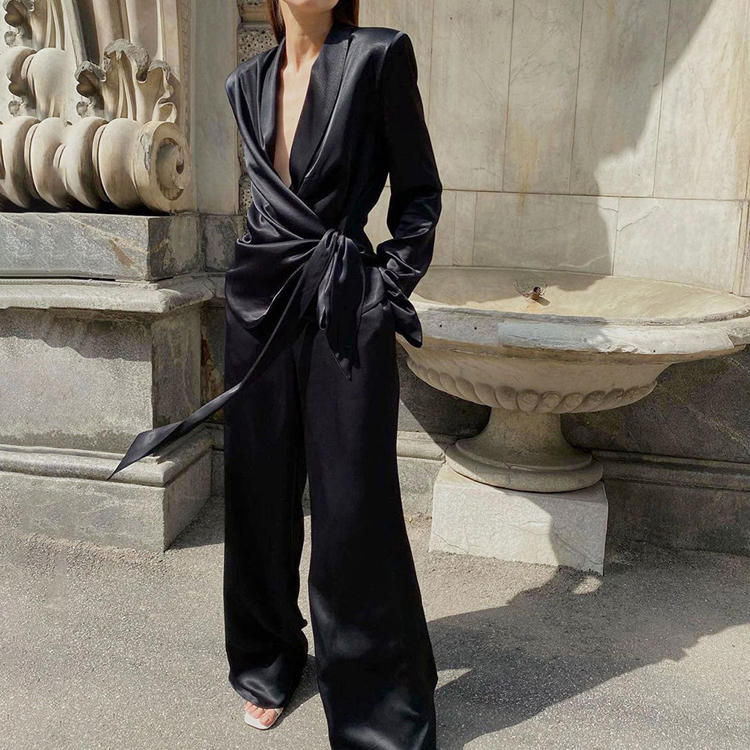 Wholesale Women Suit New Ice Silk Long Sleeve Shirt Shoulder Pad Tie Shirt Pants Casual Suit Women