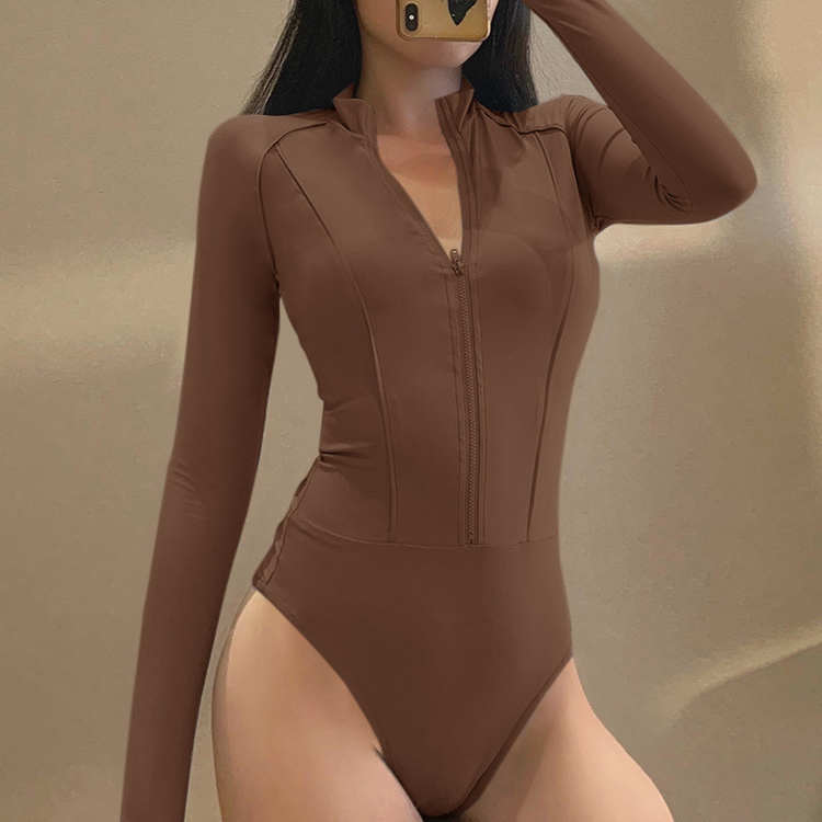 Fashion Mock Neck Slim Fit Long Sleeve Bodysuit Wholesale Sexy Solid Color Zipper Women Top