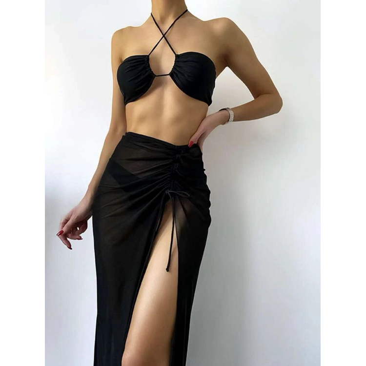 New Fashion Bandage Bikini Slim Split Skirt Swimsuit Solid Color Sexy Swimwear Women