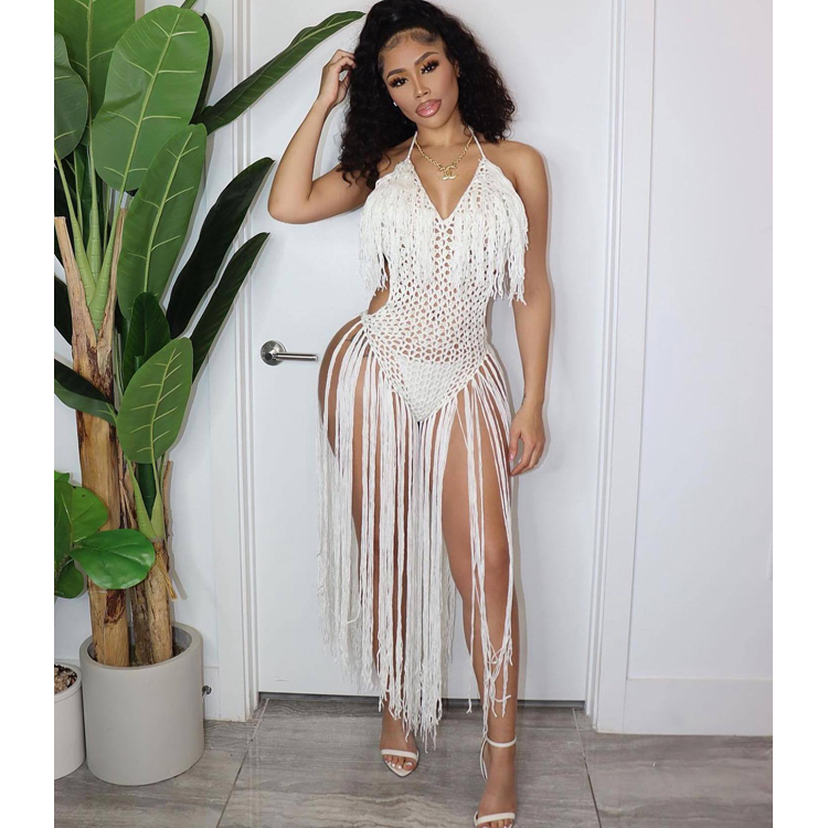 Sexy Beach Dress Hand Woven One Piece Dress With Tassels Knitted Beach Dresses