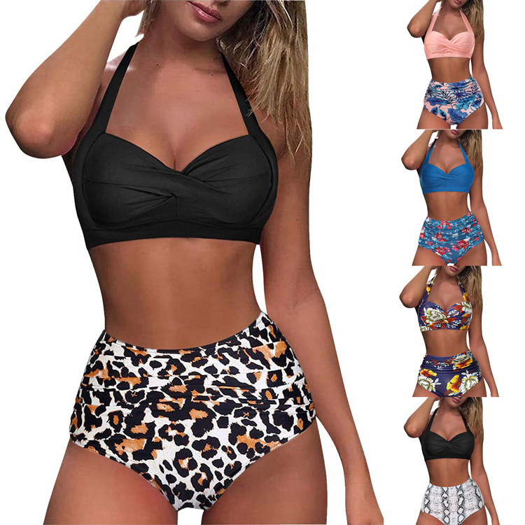 Classic Style High Waist Bikini Fashion Sexy Digital Printing Swimwear High Waist Two Piece Bikini Set