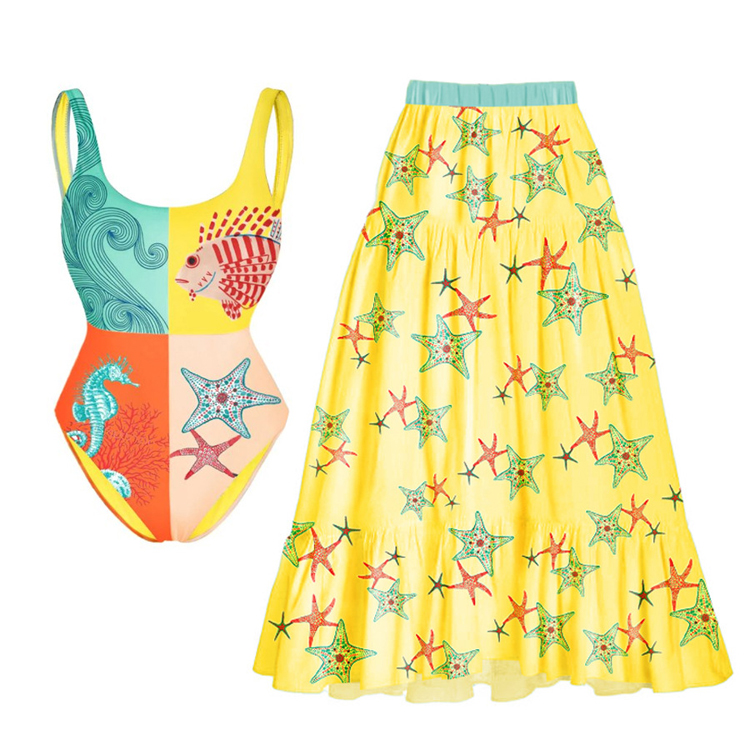 New One Piece Swimsuit Starfish Printed Bikini Backless Swimsuit With Skirt
