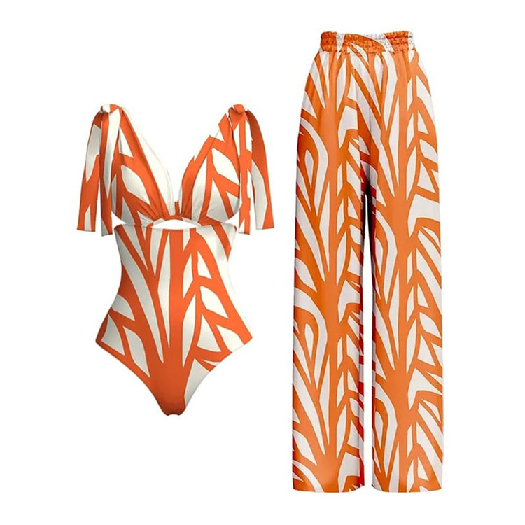 New Three Piece Fashion Swimsuit High Waist Hollow Bikini Stripe Printed Cover up Sunscreen Swimsuit