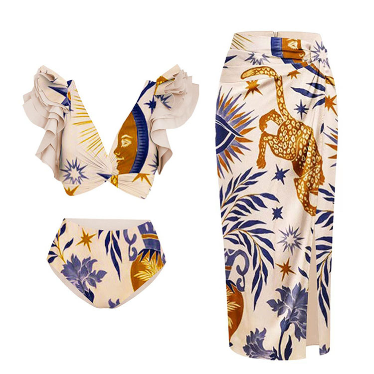 New Leopard Print Bikini Ruffle Sleeves Swimwear High Waist Sexy Swimwear for Women