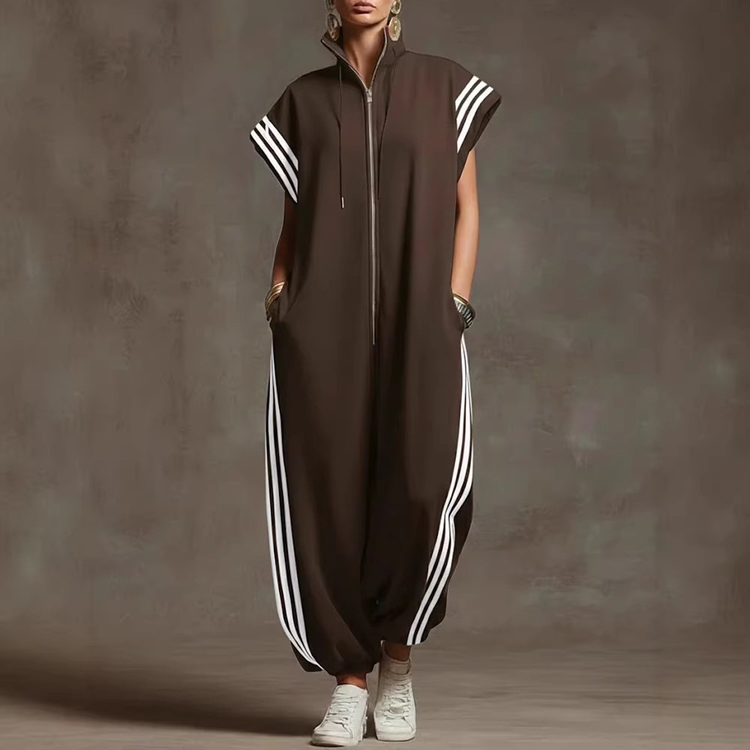 2026 New Casual Jumpsuit Zipper Stand up Collar Striped Fashion Jumpsuit Short Sleeved Jumpsuit