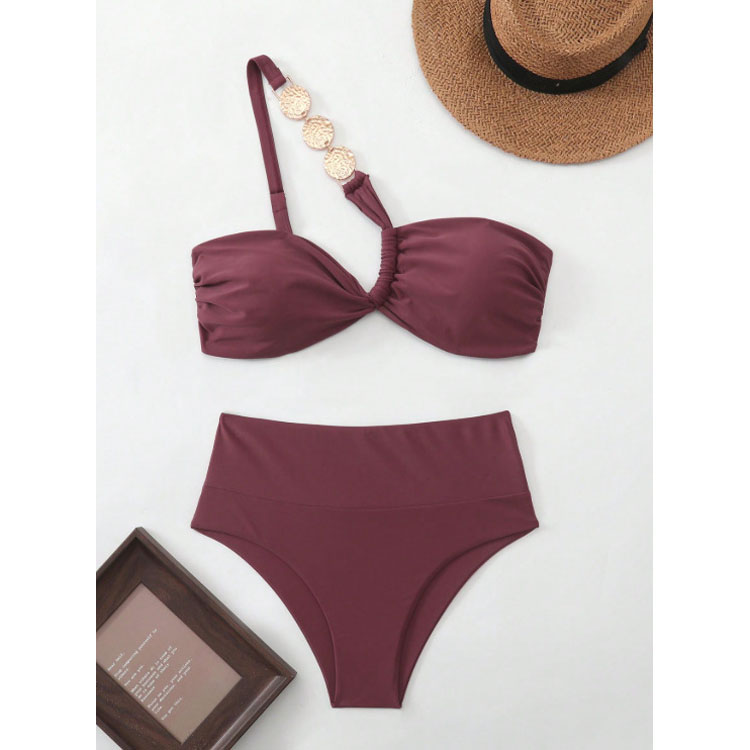 Bandeau One Shoulder Sexy Solid Color Bikini 2026 New Arrival Stylish Elegant High-Waist Swimwear Set for Young Women