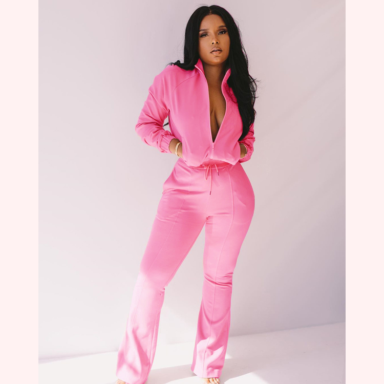 2023 Solid Color Long Tracksuit Set Womens High Waist Flared Pants Woman Fitness Set