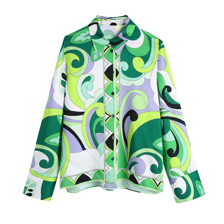 2022 Women Gift Sets Cool Long Sleeves Green Printed Shirts Loose Pants 2 Piece Women Clothing