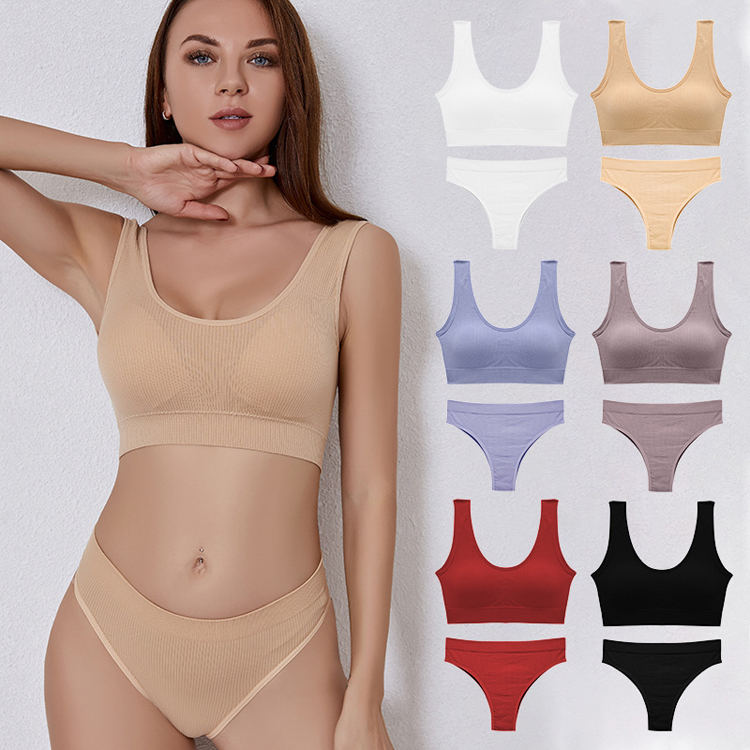 Women Seamless Bra Set Solid Seamless  Sexy Cotton Yoga Bras Top and Thong Panties