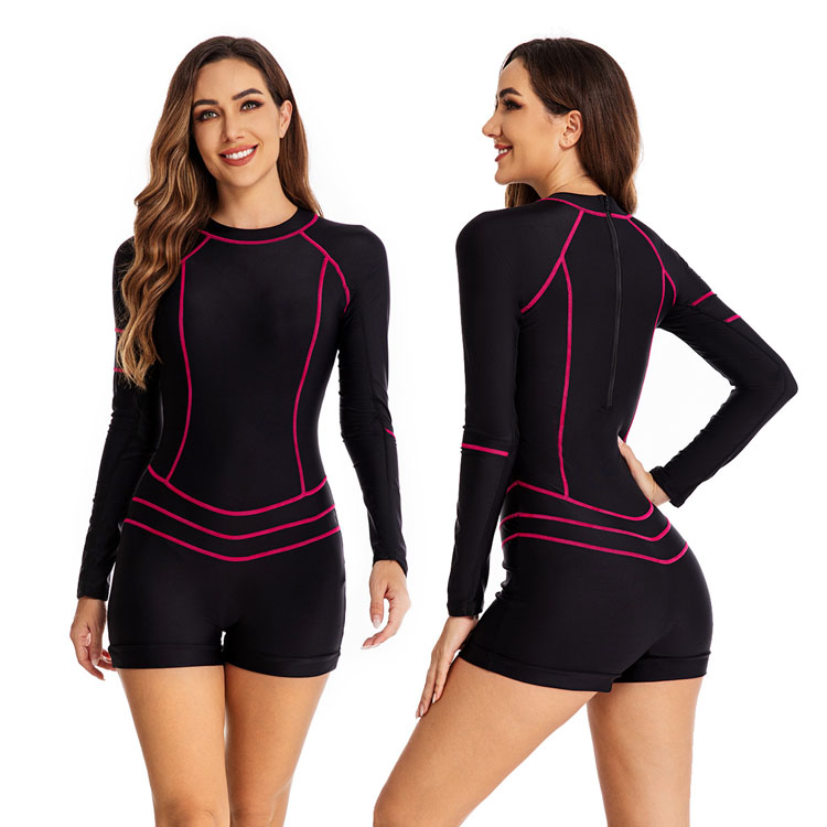 Color Contrast Line Design Long Sleeve Surfing Suit Short Flat Angle Women Rash Guard