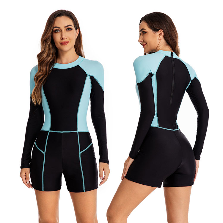 Black Blue Splicing Long Sleeve Sunscreen Rash Guard Round Neck Zipper Women Rash Guard