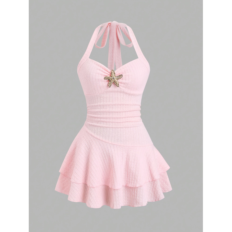 Hot Selling Beach Vacation Dress Solid Color Neck Hanging Dress Starfish Pleated Dress for Women