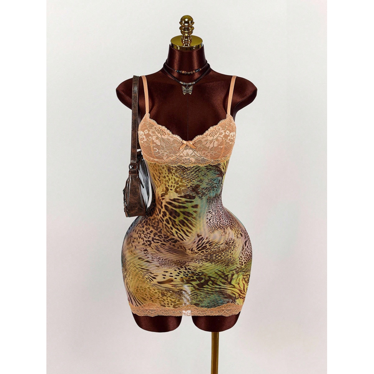 New Retro Fashion Slim Fit Dress Sexy Waist Cinching Print Deep V Lace Dresses Sexy Leopard Print Suspender Dress for Women
