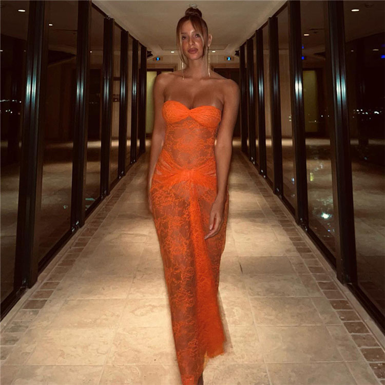 New Women Fashion Sexy Wrap Chest Dresses Lace Perspective Slim Fit Wrap Hip Dresses
