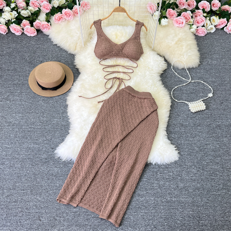 Summer Seaside Vacation Fashion Set Camisole Vest Two-piece High Waisted Slit Wrap Hip Skirt Set