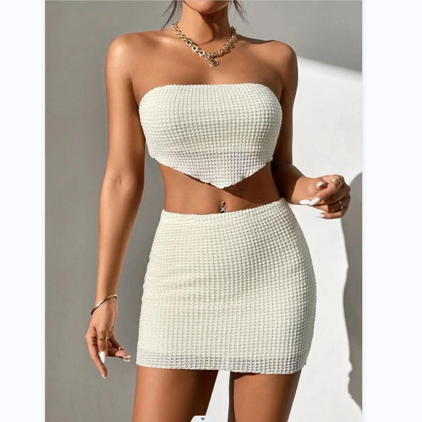 New Two Piece Sexy Knitted Set Off Shoulder Lace Short Skirt Set