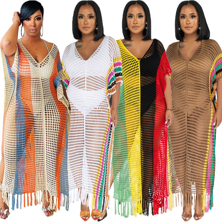 Summer New Women Long Dress Sexy Hand Hooked Knitted Tassel Colored Beach Cover Ups