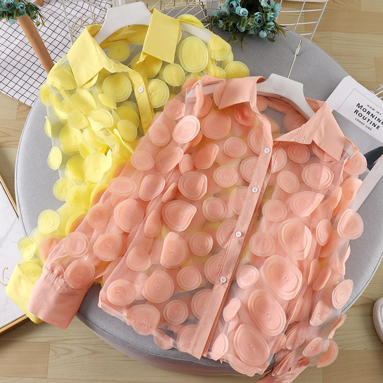 French Style 3D Floral Blouse Solid Color Chiffon Shirt Lace up Lantern Sleeves Mesh Blouse for Women